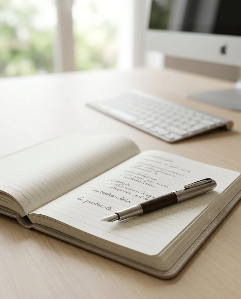 Image d'un cahier d'auteur posé sur un bureau avec ordinateur en arrière plan.