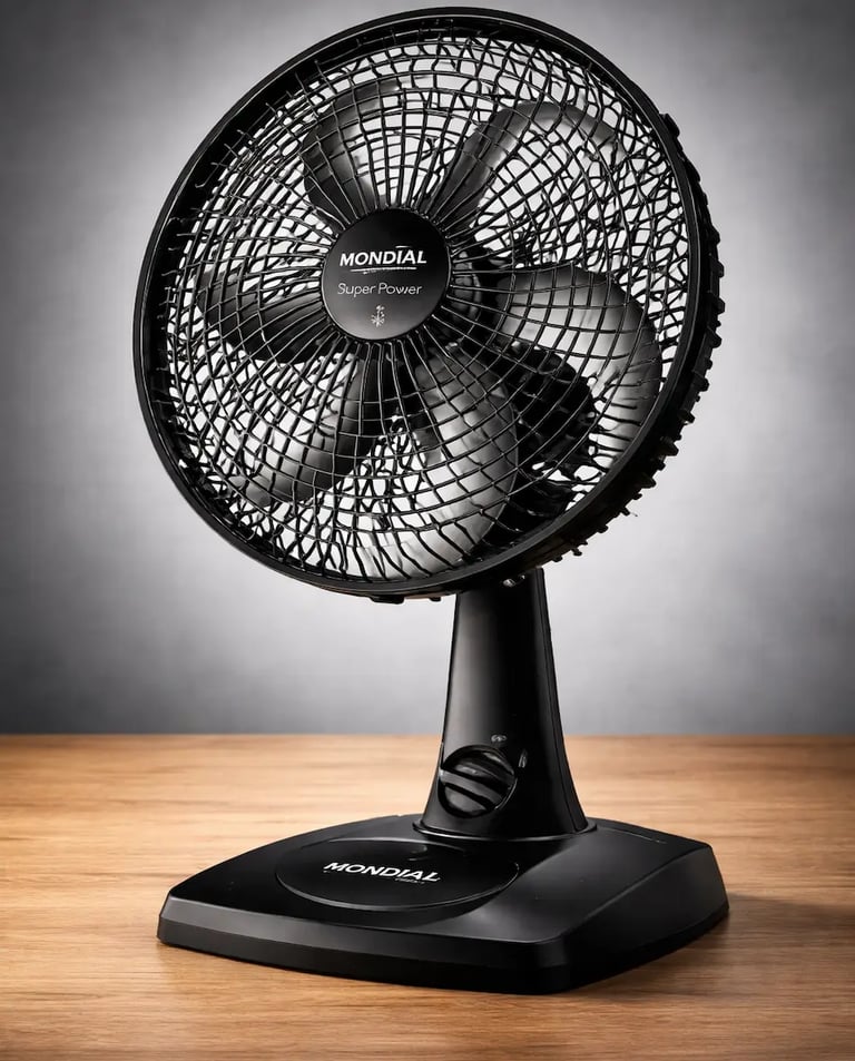 Black Mondial Super Power table fan on a wooden surface with a 6-blade design for cooling.