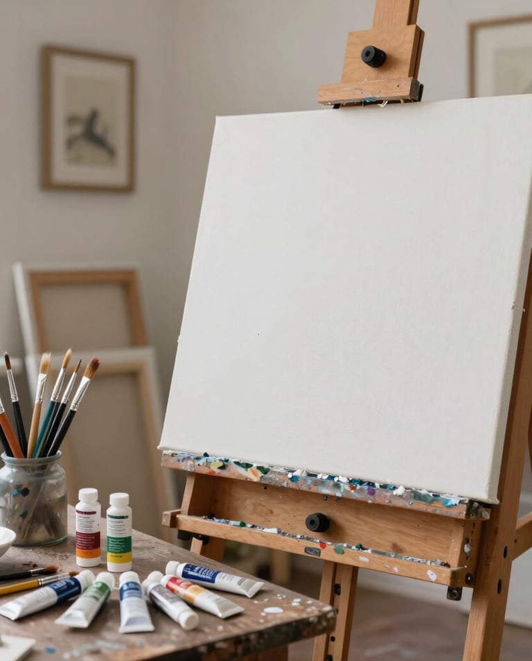 Artist painting a colorful landscape in a cozy studio filled with art supplies.