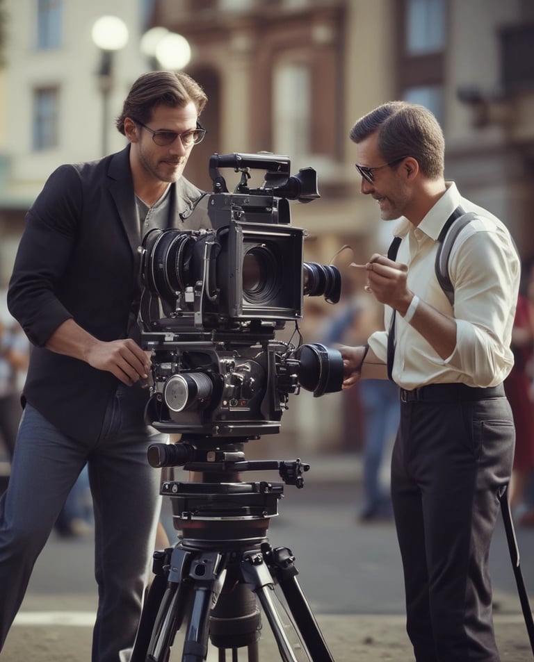 Black and white photograph of a dapper man in 1920s attire, standing in front of an art deco theater marquee illuminated with silver and gold lights.