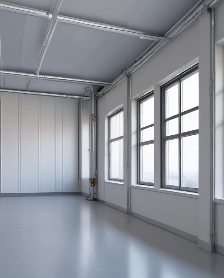 Empty industrial warehouse space with white walls, large glass windows, and grey concrete floors.
