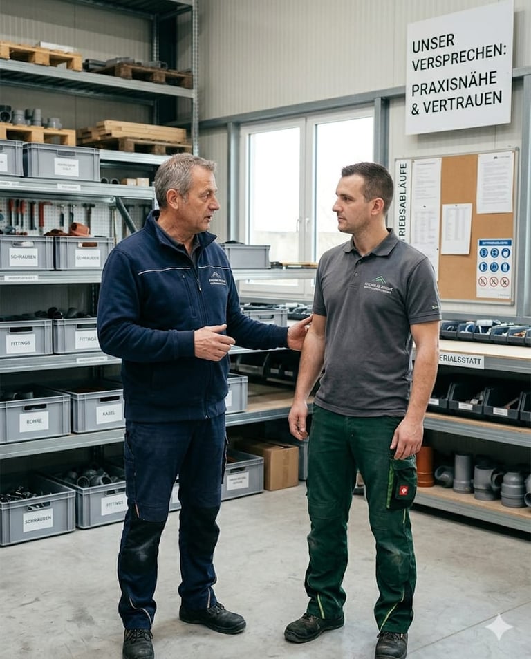 Gespräch im Betriebsumfeld als Symbol für Praxisverständnis in Bau und Handwerk