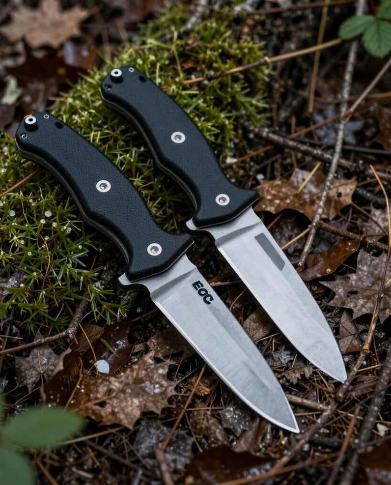 An assortment of vintage knives laid out on aged leather, showcasing unique patinas and craftsmanship.