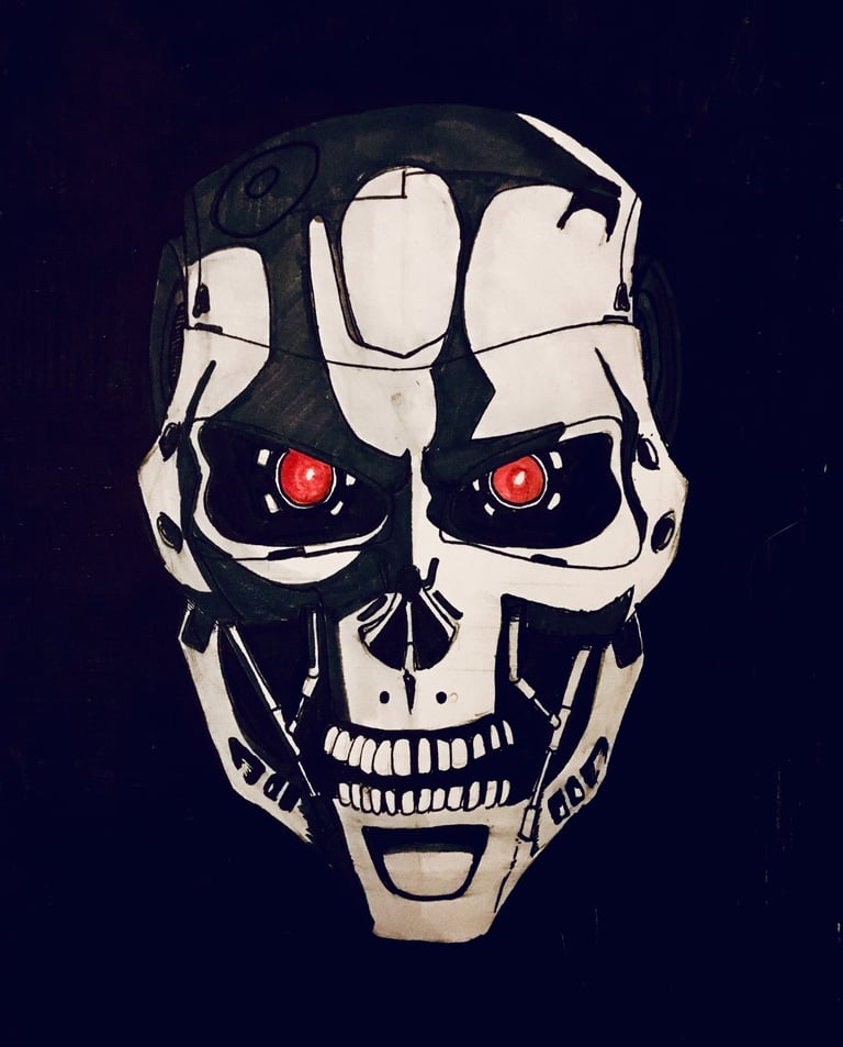 A marker drawing of the terminator. high contrast. black background.
