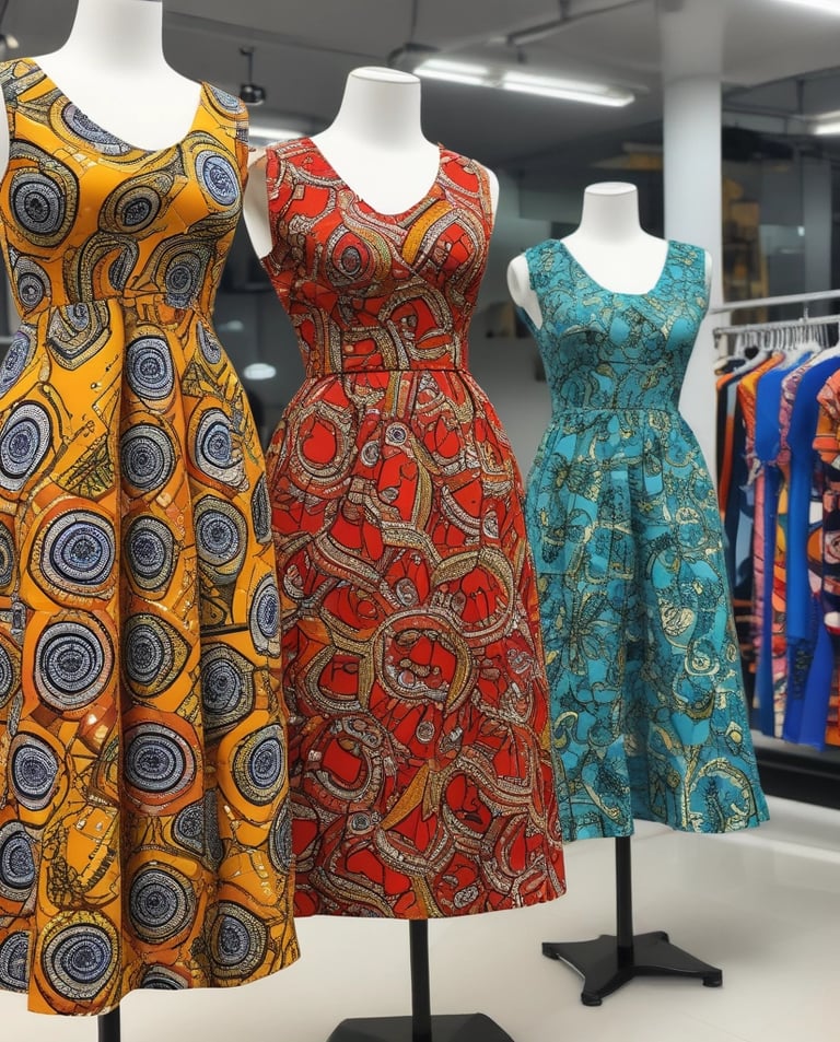 A smiling individual wearing traditional clothing, including a headwrap and an off-shoulder dress accented with lace. The person is accessorized with orange beads and is holding a decorated clutch. The background features a colorful, abstract-patterned fabric with leaves and geometric shapes.