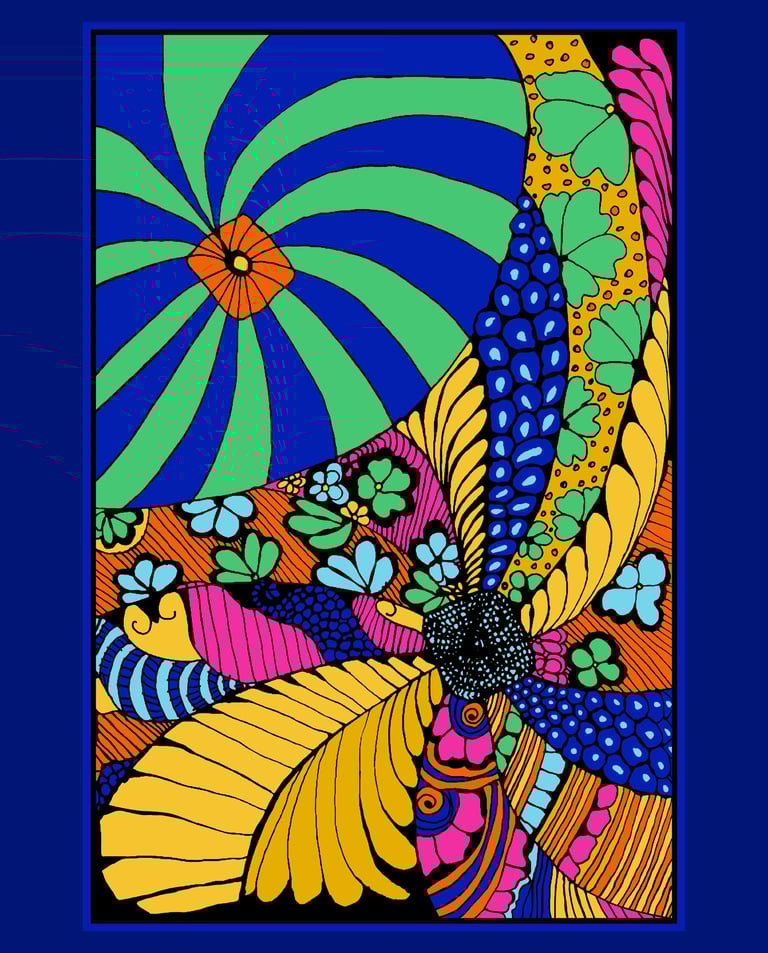 "Vibrant abstract psychedelic kaleidoscope pattern with bold geometric shapes and dynamic color flow