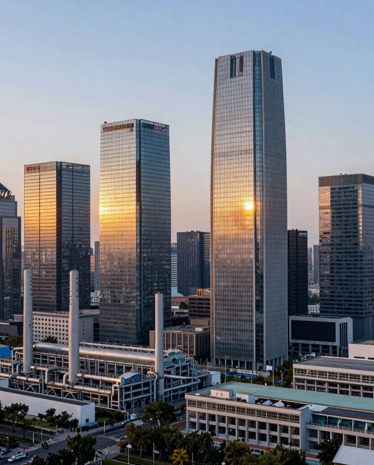 Modern city skyline featuring tall glass skyscrapers and industrial factories at sunset.