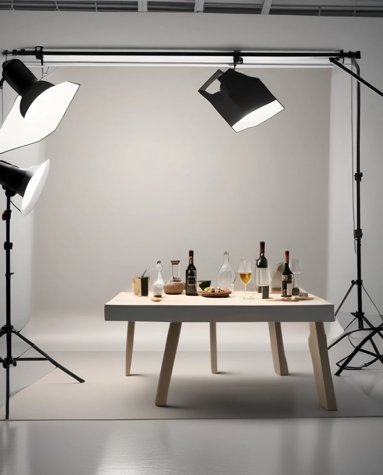 A person is leaning forward, focusing on taking a photo with a camera. The setup includes a table with a drink in a glass, a plate with food, and a lit candle, suggesting a food or product photography session. The scene is illuminated with professional lighting equipment, and there is a soft, natural light coming through a window.
