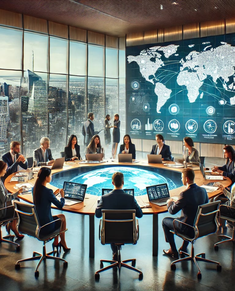 Reunião corporativa em uma sala moderna com vista para uma cidade grande