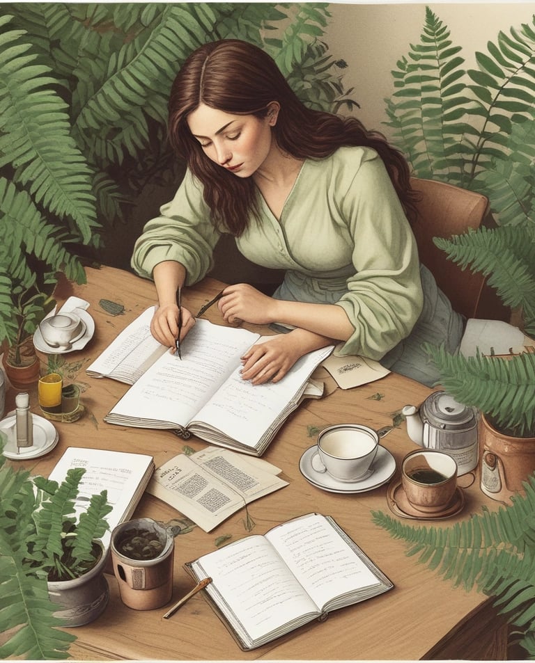 A thoughtful author seated at a desk, surrounded by books and notes.