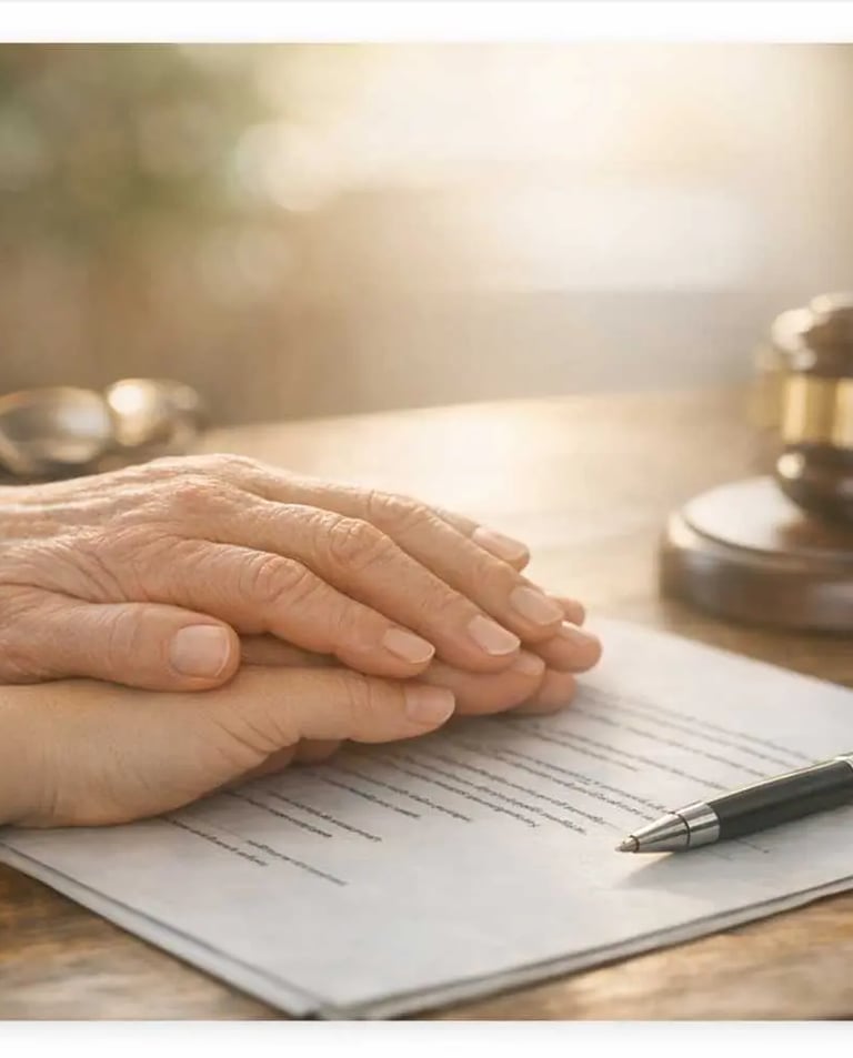 Mains d’un senior et d’un adulte unies au-dessus d’un document juridique, symbolisant l’accompagneme