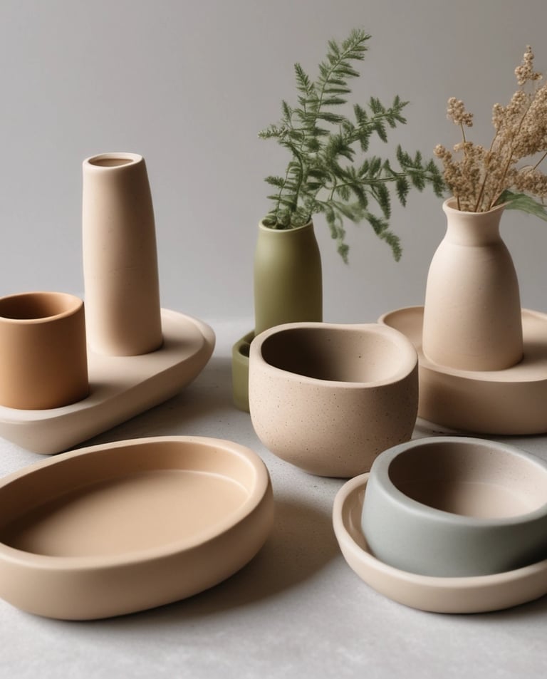 Five bottles of a skincare product with maroon-colored liquid and white labels are artistically arranged. They are surrounded by fresh green leaves and delicate white flowers, creating a natural and organic aesthetic.