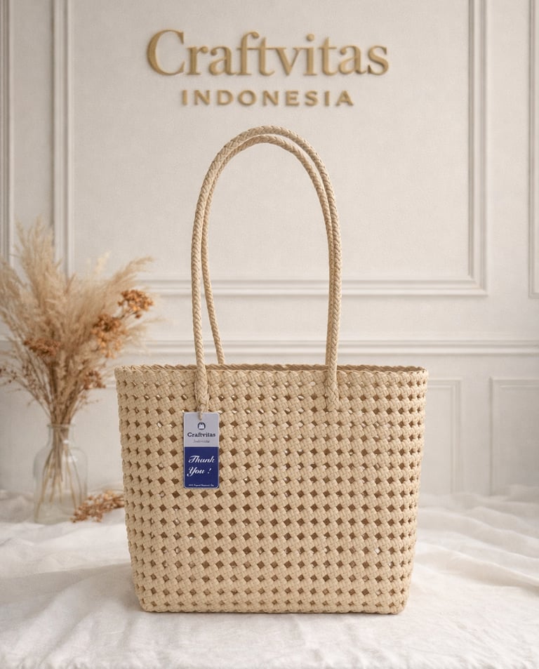 Handmade woven plastic tote bag Sekar series in cream color by Craftvitas Indonesia, eco friendly artisan handbag