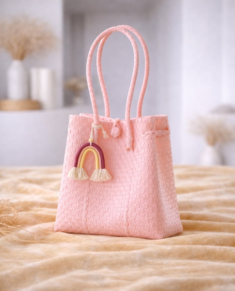 Handwoven peach pink plastic tote bag handmade from recycled materials by Indonesian artisans