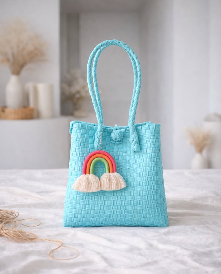 Handwoven sea blue plastic tote bag handmade from recycled materials by Indonesian artisans