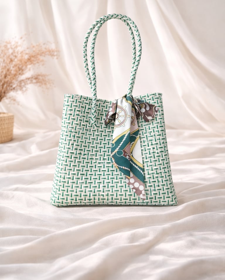 Handwoven white and green plastic tote bag handmade from recycled materials by Indonesian artisans