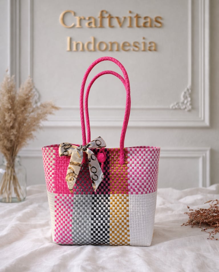 Rainbow color handwoven plastic tote bag pink mix patchwork handmade by Craftvitas Indonesia