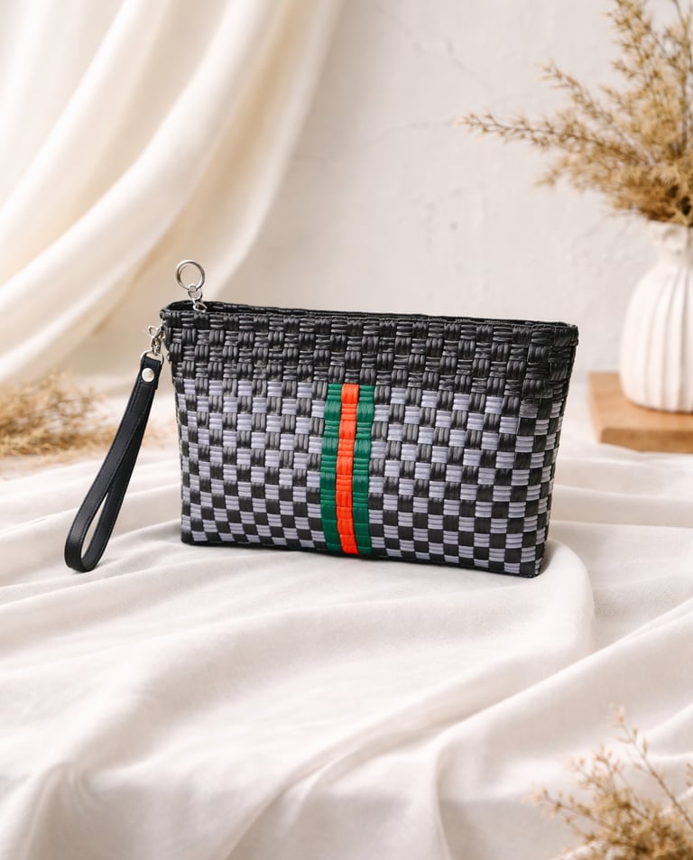 Handmade woven plastic clutch bag black and grey with green red stripe accent by Craftvitas Indonesia