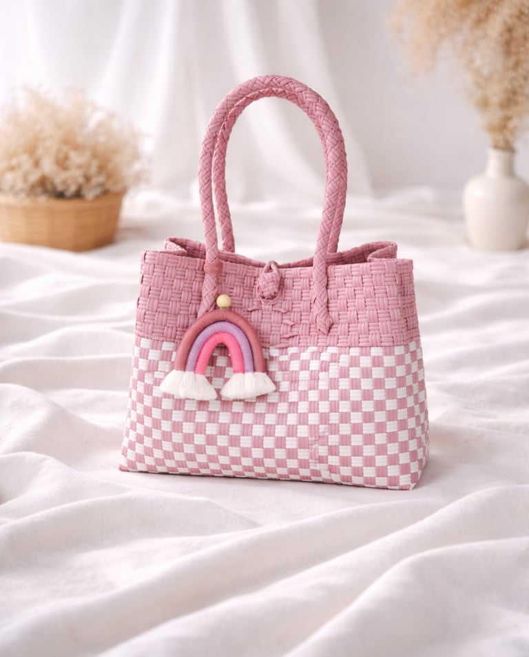 Handmade recycled plastic woven bag dusty pink combination eco friendly tote for women Craftvitas Indonesia