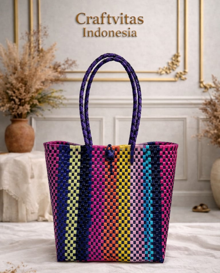 Multicolor handwoven plastic tote bag with vertical stripe batik pattern, handmade woven bag from Indonesia