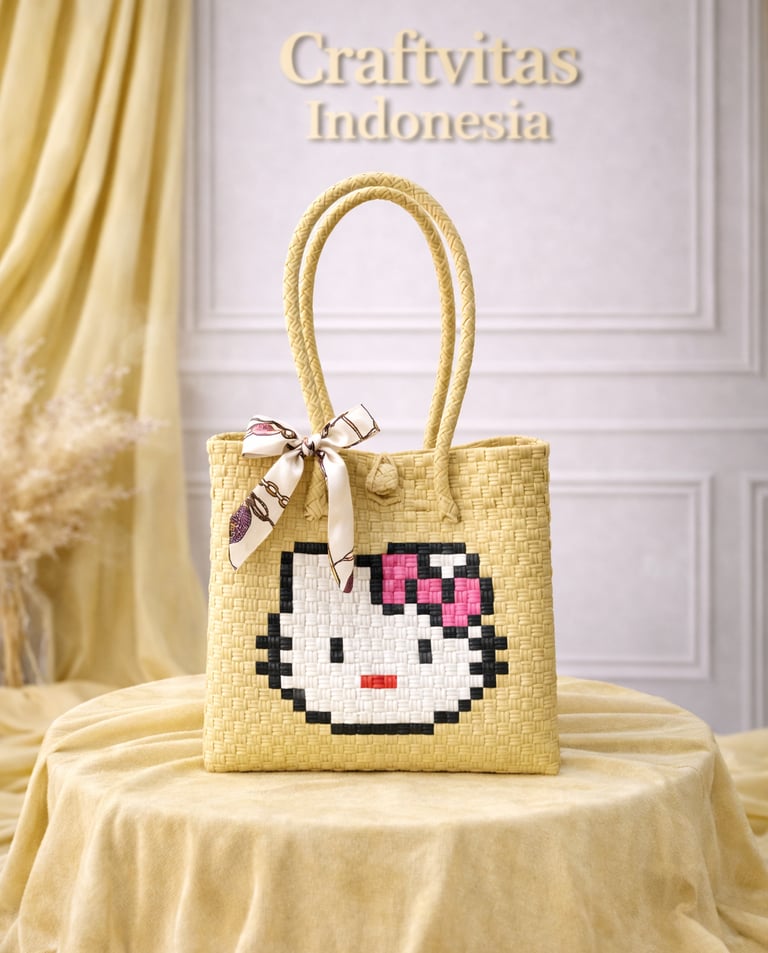 Tas anyaman karakter kucing warna cream handmade dari plastik daur ulang