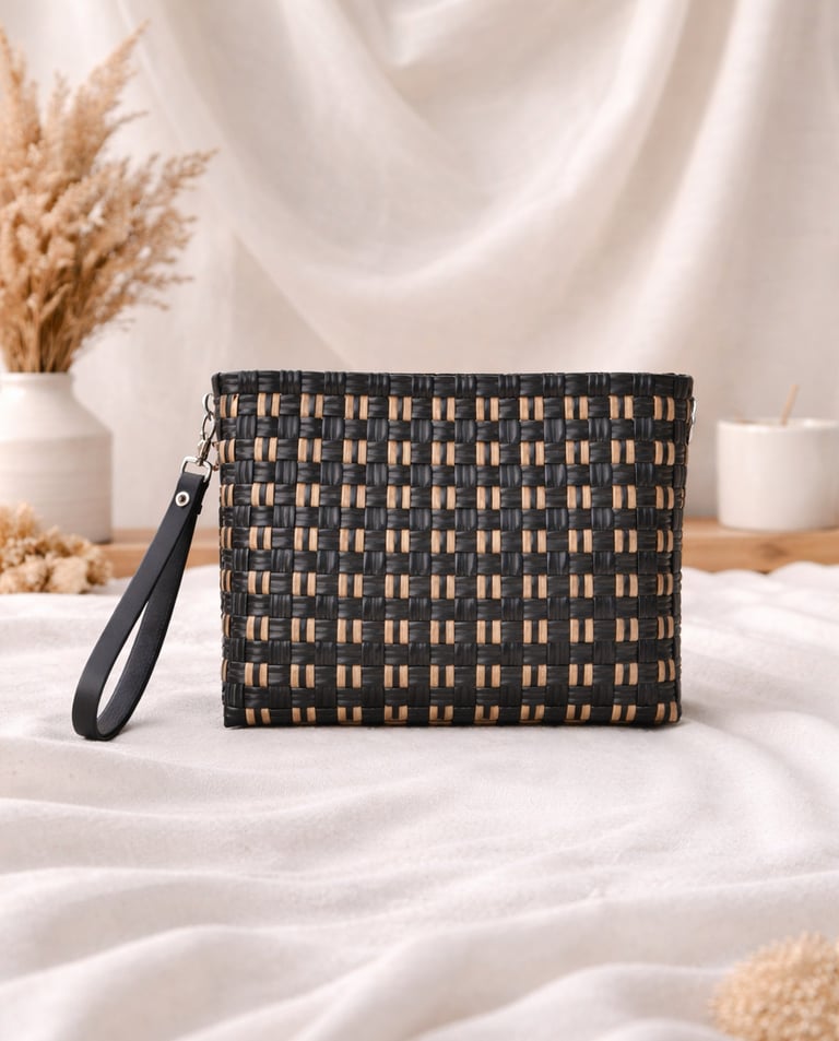 Black and gold checkered woven plastic clutch bag handmade by Craftvitas Indonesia