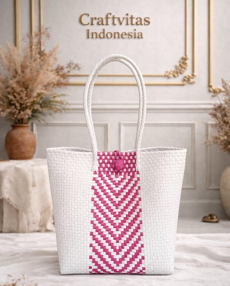 Handwoven plastic tote bag with Indonesian batik chevron pattern in white and pink, eco friendly handmade handbag