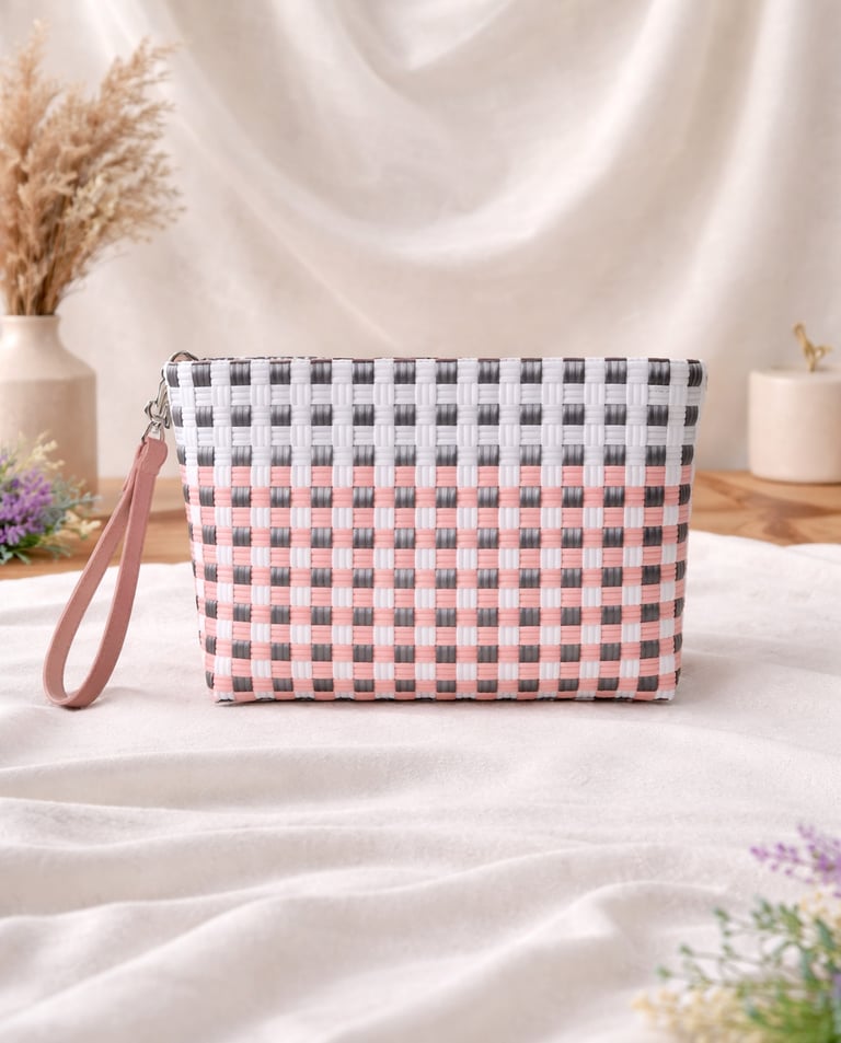 Handwoven recycled plastic clutch bag pink grey checkered pattern handmade from Indonesia
