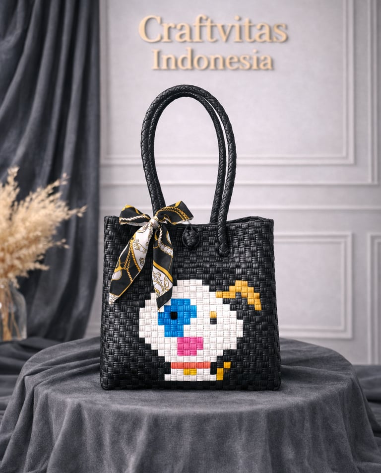Tas anyaman karakter anjing warna hitam handmade untuk tas souvenir