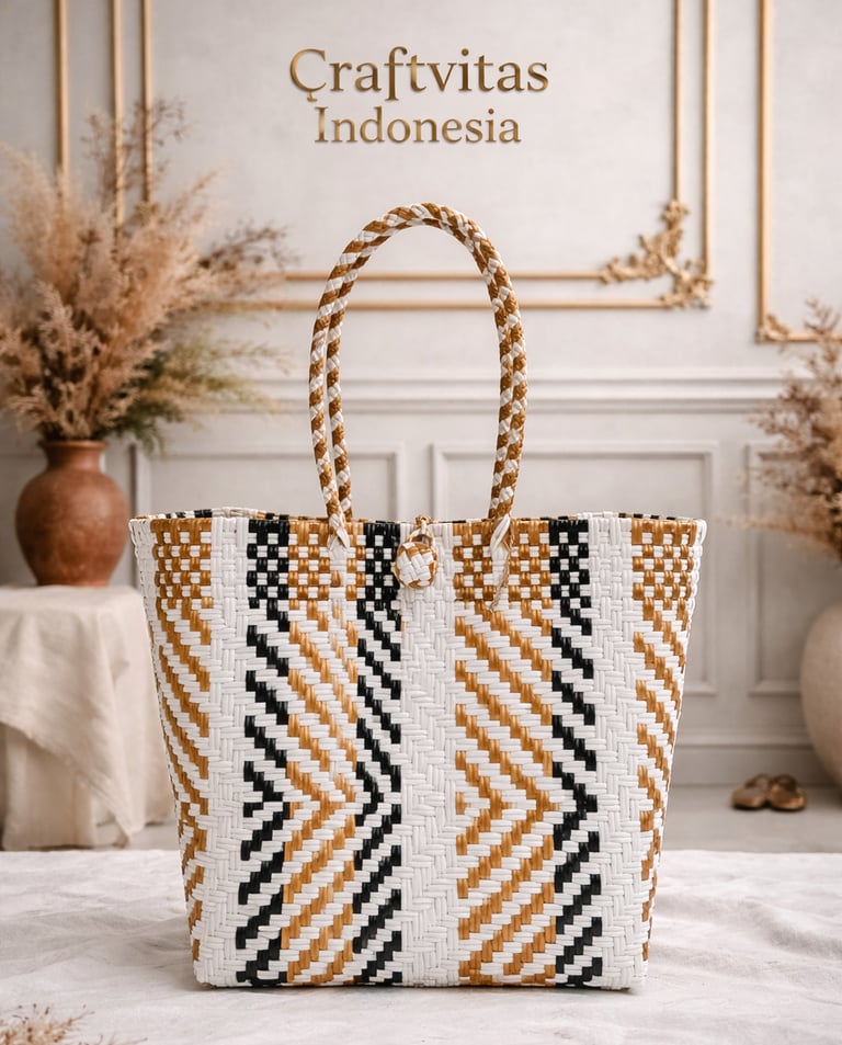 Eco friendly handwoven plastic tote bag with Indonesian batik zigzag pattern in white brown and black