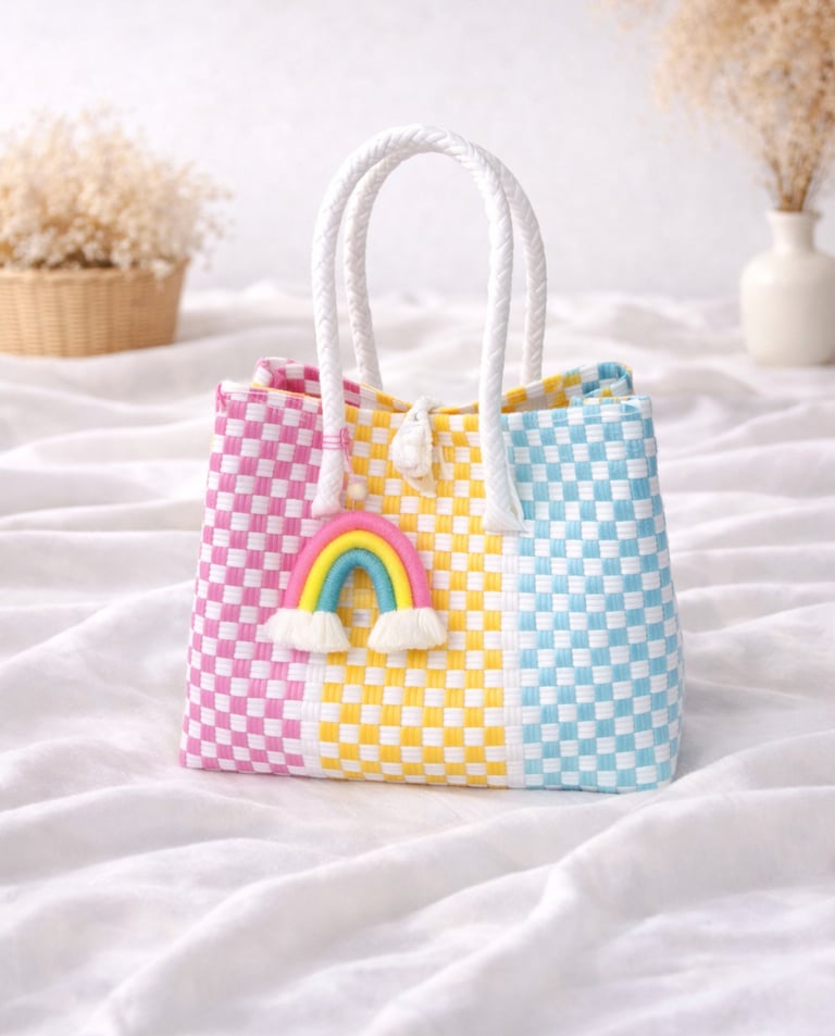 Handmade woven plastic tote bag pink yellow blue combination colorful design