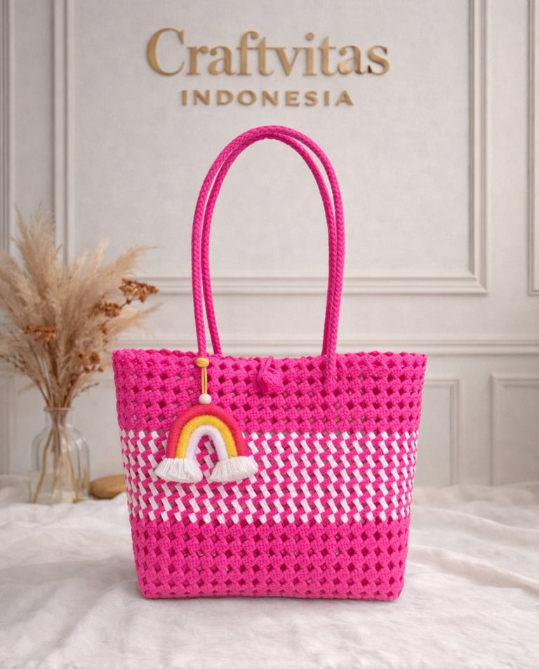 Tas anyaman plastik model sekar pink kombinasi motif handmade Craftvitas