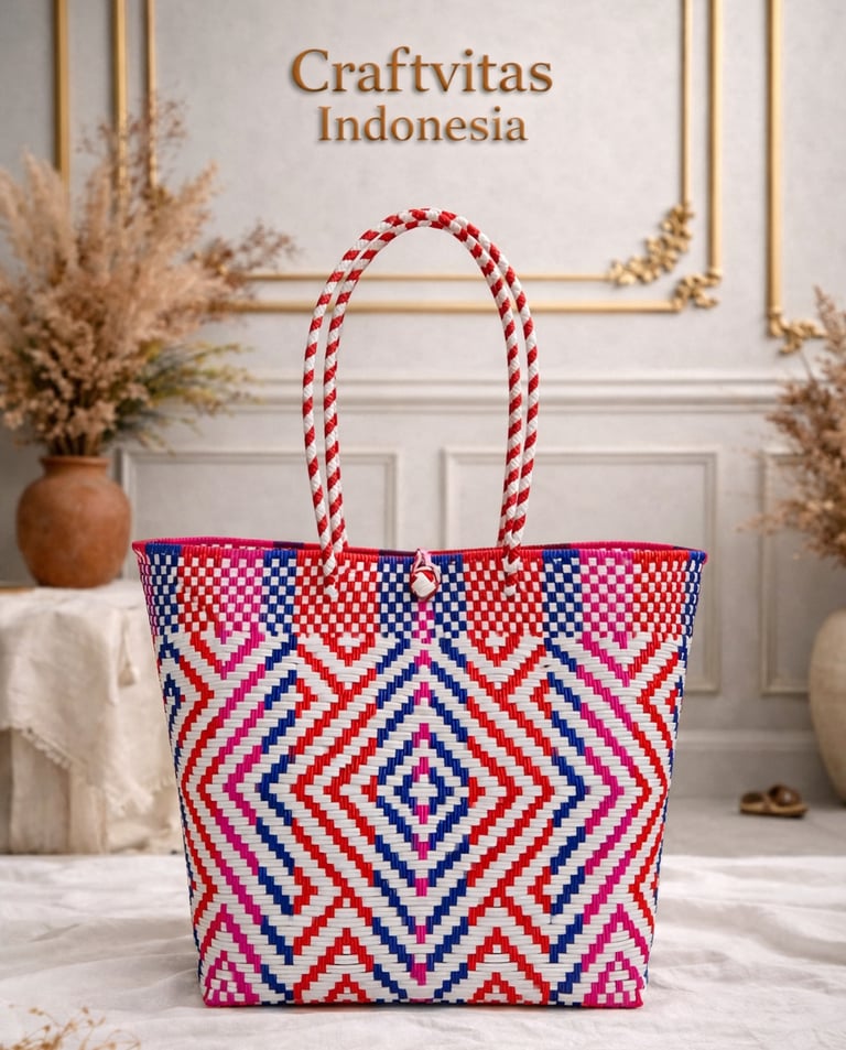 Handmade plastic woven tote bag featuring Indonesian batik diamond pattern in red blue and white