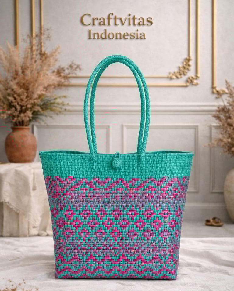 Handwoven plastic tote bag with Indonesian ethnic batik pattern in teal and pink, eco friendly handbag