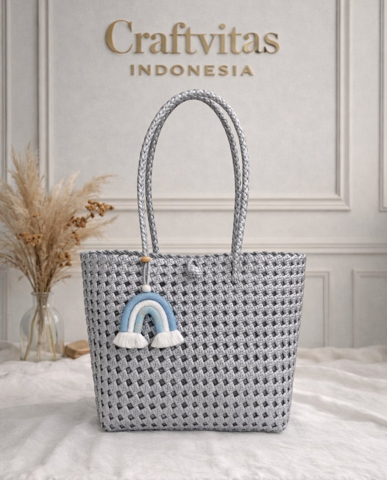 Light gray woven plastic tote bag Sekar series handmade sustainable artisan bag