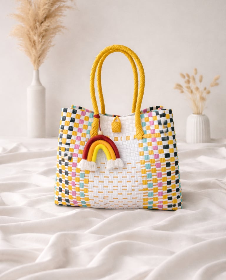 Handmade woven plastic tote bag bright multicolor panel design recycled plastic