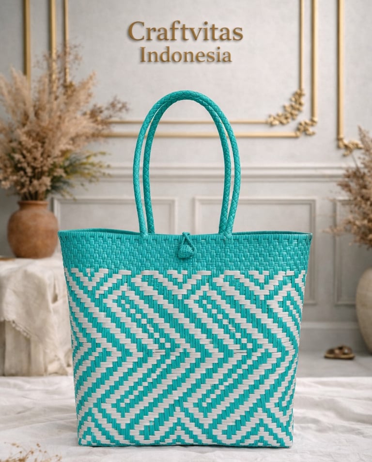 Eco friendly handwoven plastic tote bag with Indonesian batik chevron pattern in teal and white
