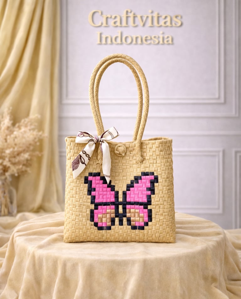 Cream handwoven plastic tote bag with butterfly character, handmade sustainable bag from Indonesia
