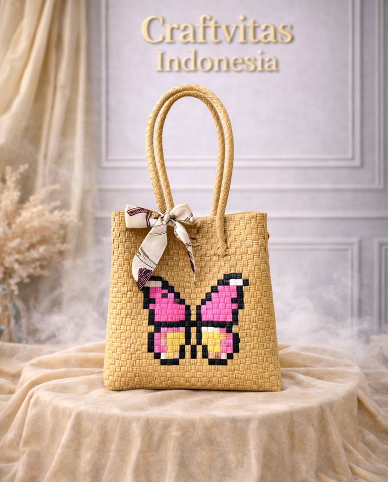 Handmade brown plastic woven tote bag with pink butterfly character, eco friendly women bag