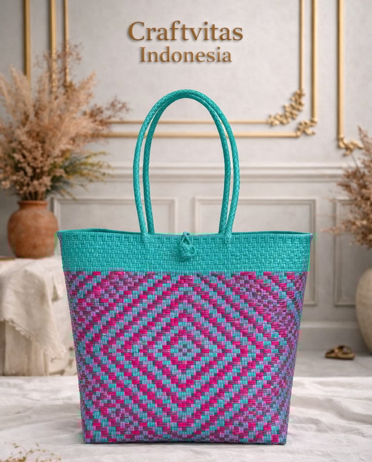 Handwoven plastic tote bag with large Indonesian batik diamond pattern in teal and pink