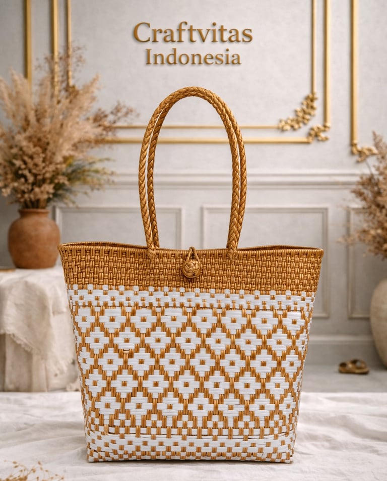 Handmade eco friendly plastic woven tote bag with Indonesian batik checkered pattern in gold and white