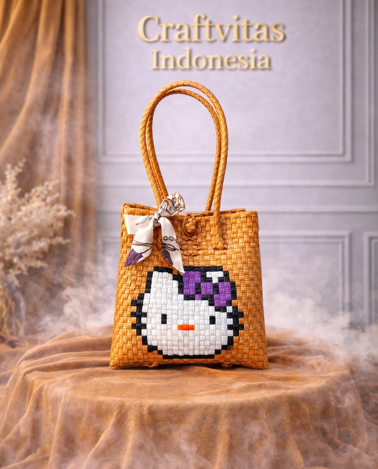 Handwoven gold plastic tote bag with cute cat character, handmade eco friendly fashion bag