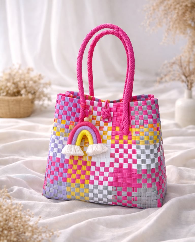 Handmade recycled plastic woven bag pink multicolor combination eco friendly fashion tote by Craftvitas Indonesia
