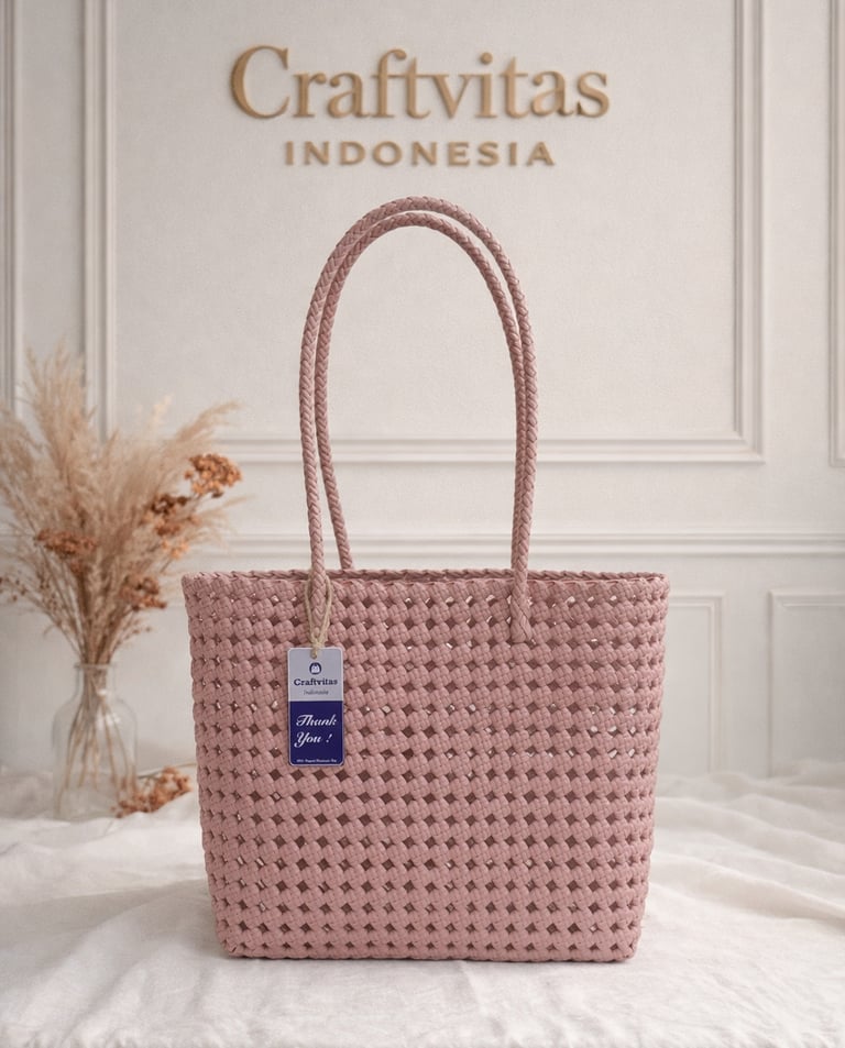 Handmade woven plastic tote bag Sekar series dusty pink color, recycled plastic artisan bag Craftvitas Indonesia