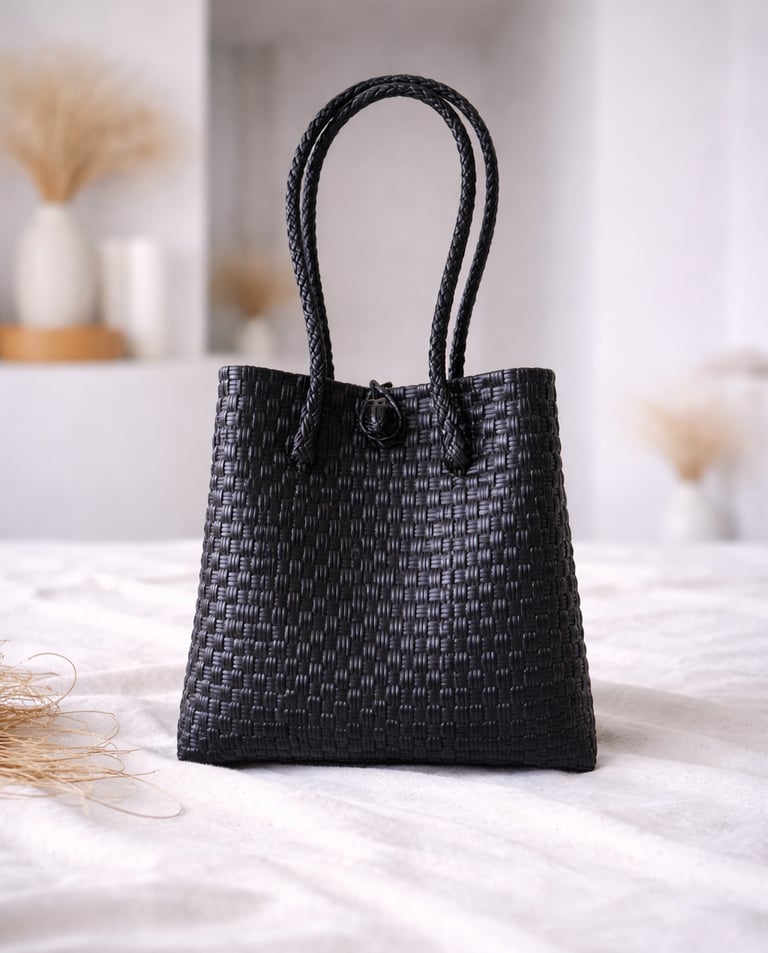 Handwoven black plastic tote bag handmade from recycled materials by Indonesian artisans