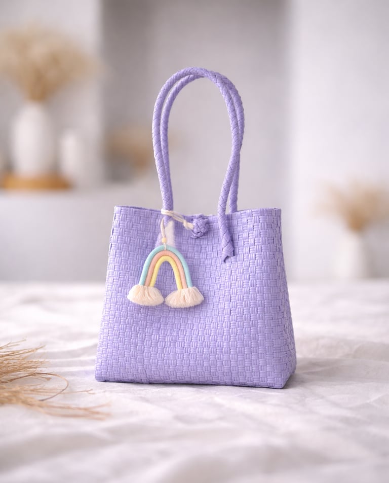 Handwoven lilac plastic tote bag handmade from recycled materials by Indonesian artisans