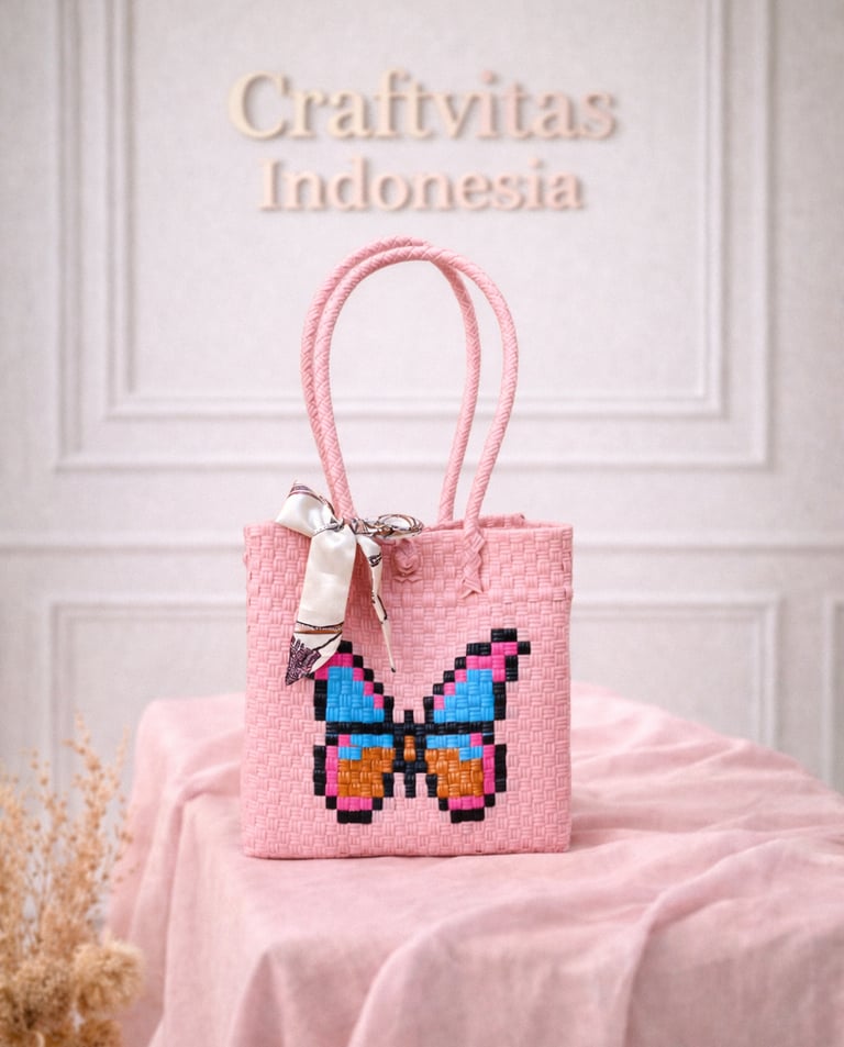 Pink handwoven plastic tote bag with butterfly character, handmade recycled plastic tote bag