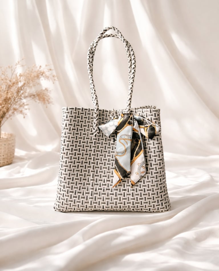 Handwoven white and black plastic tote bag handmade from recycled materials by Indonesian artisans
