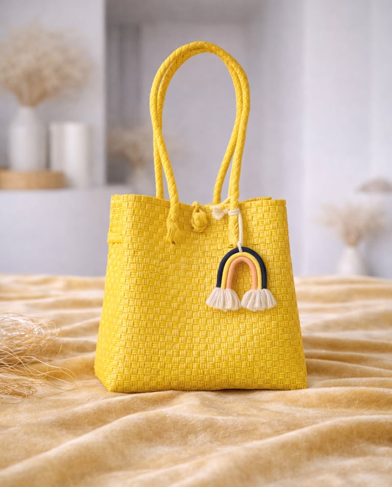 Handwoven yellow plastic tote bag handmade from recycled materials by Indonesian artisans