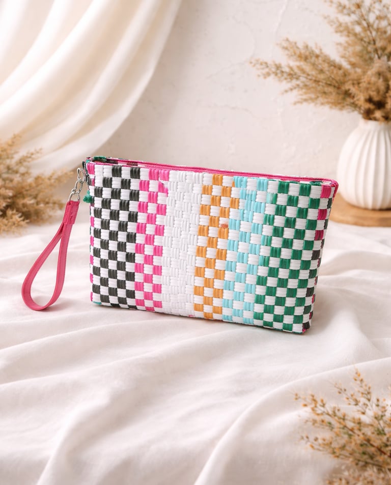 Handmade multicolor pastel woven plastic clutch bag eco friendly by Craftvitas Indonesia